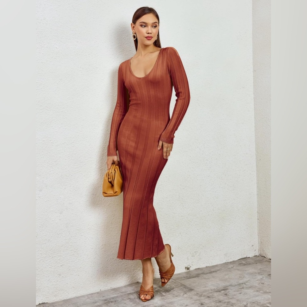 V Neck Ribbed Knit Bodycon Maxi Dresses - Rustic Orange Sz S